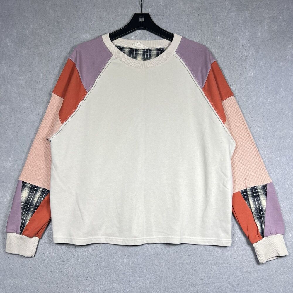Easel Sweater Patchwork Waffle Knit Sweatshirt Plaid Multicolor Women’s Small - Picture 5 of 13